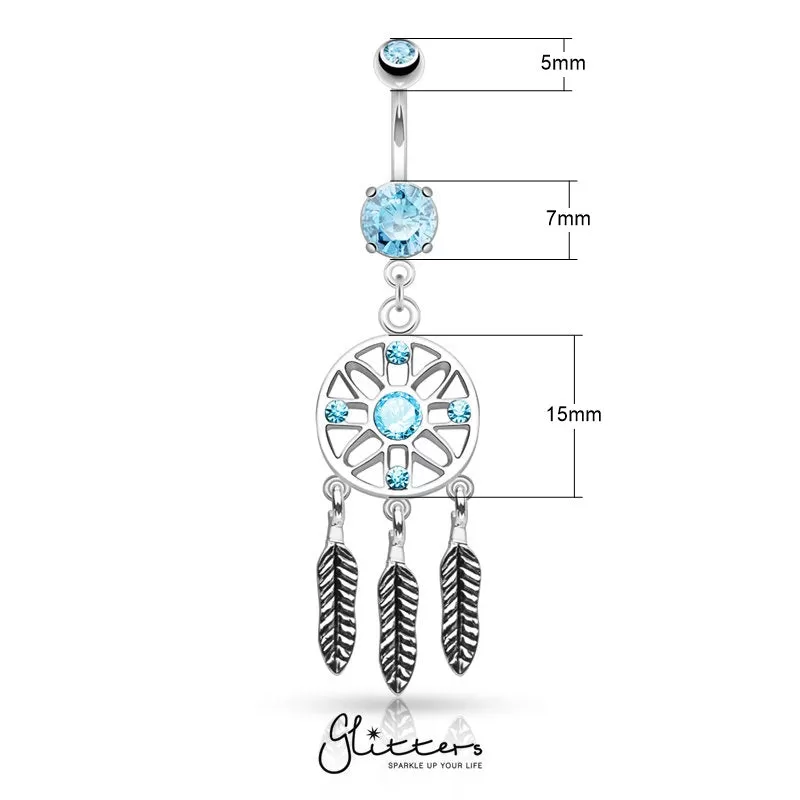 Three Feather Drops Dream Catcher Dangle Belly Button Rings - Clear