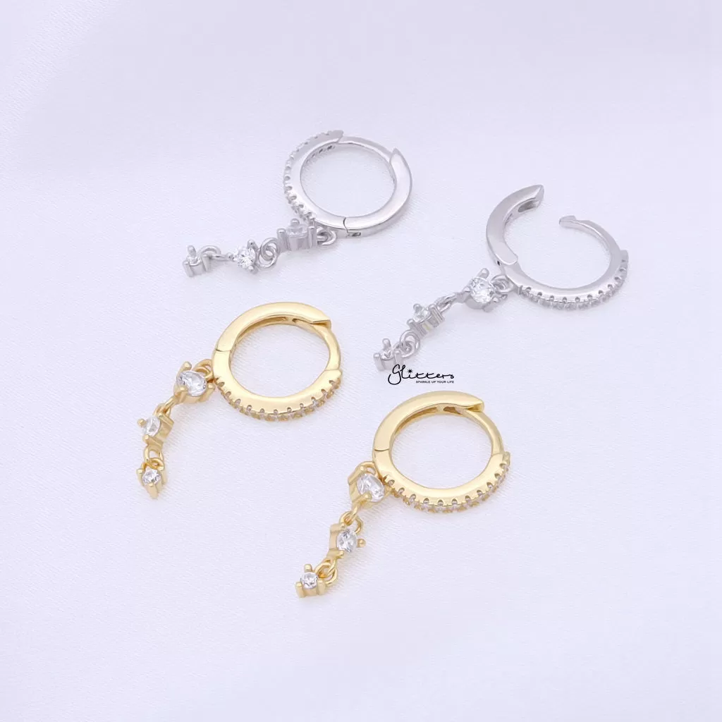 Triple Round CZ Charm Hoop Earrings - Gold