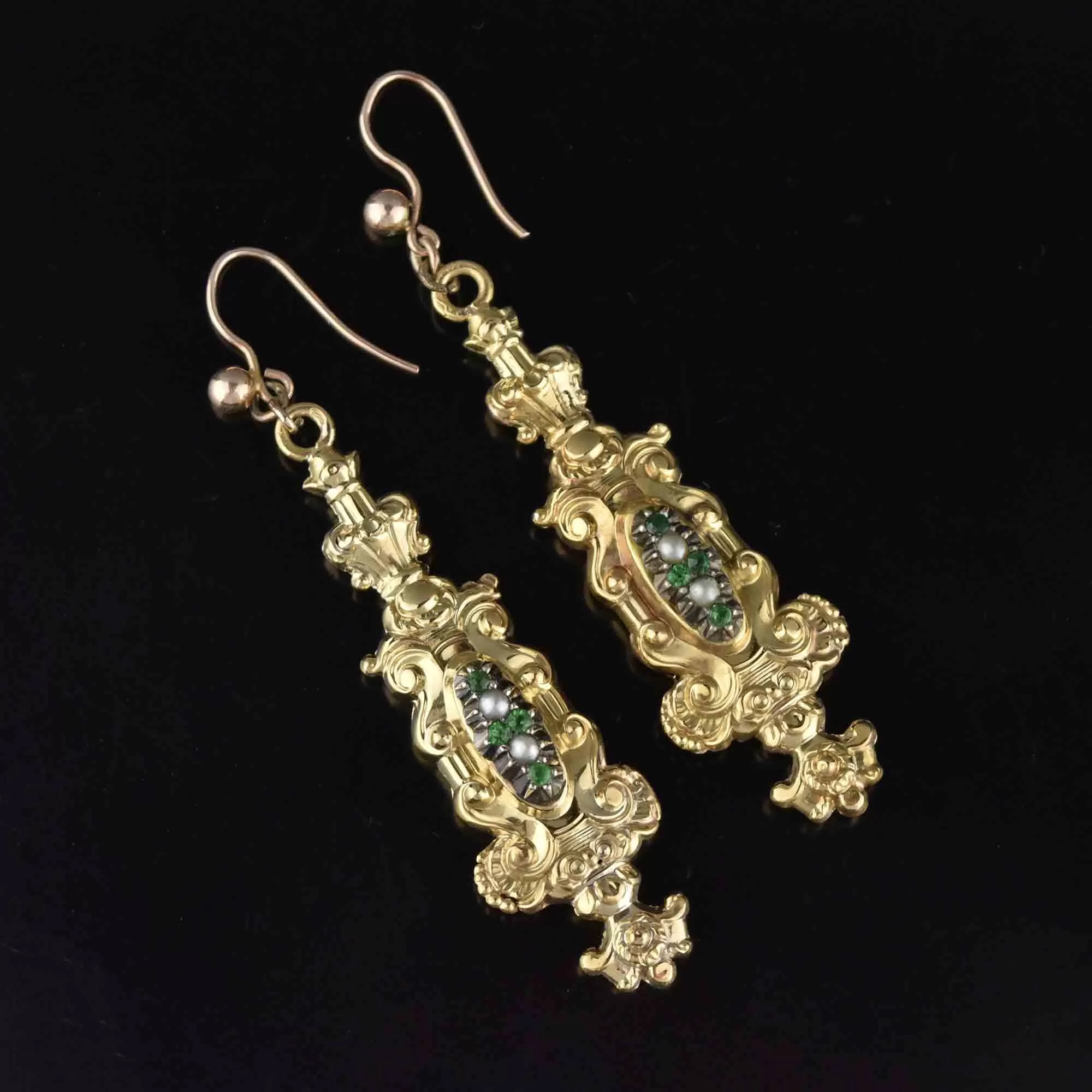 Victorian 18K Gold Emerald Paste Pearl Earrings, Regency Style