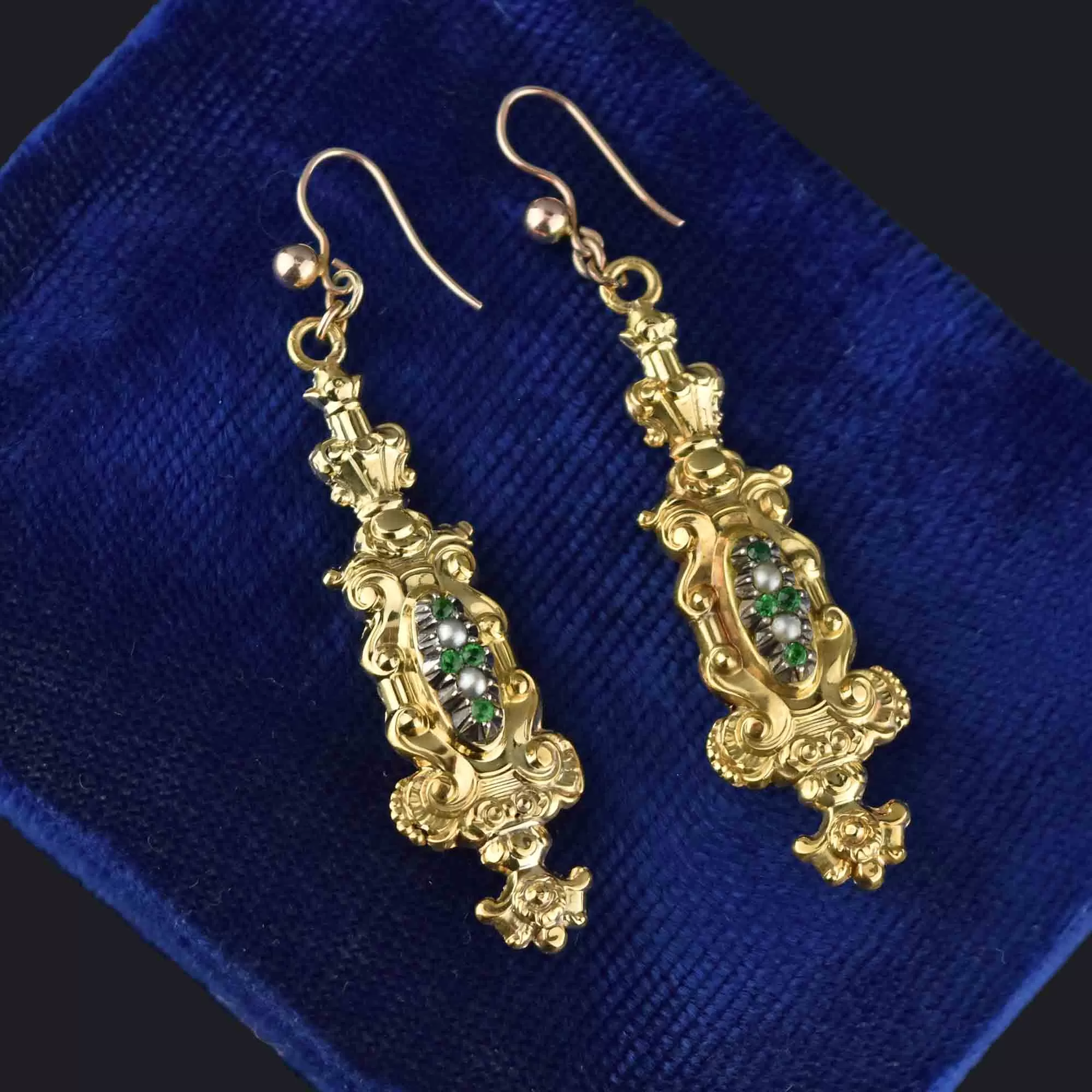 Victorian 18K Gold Emerald Paste Pearl Earrings, Regency Style