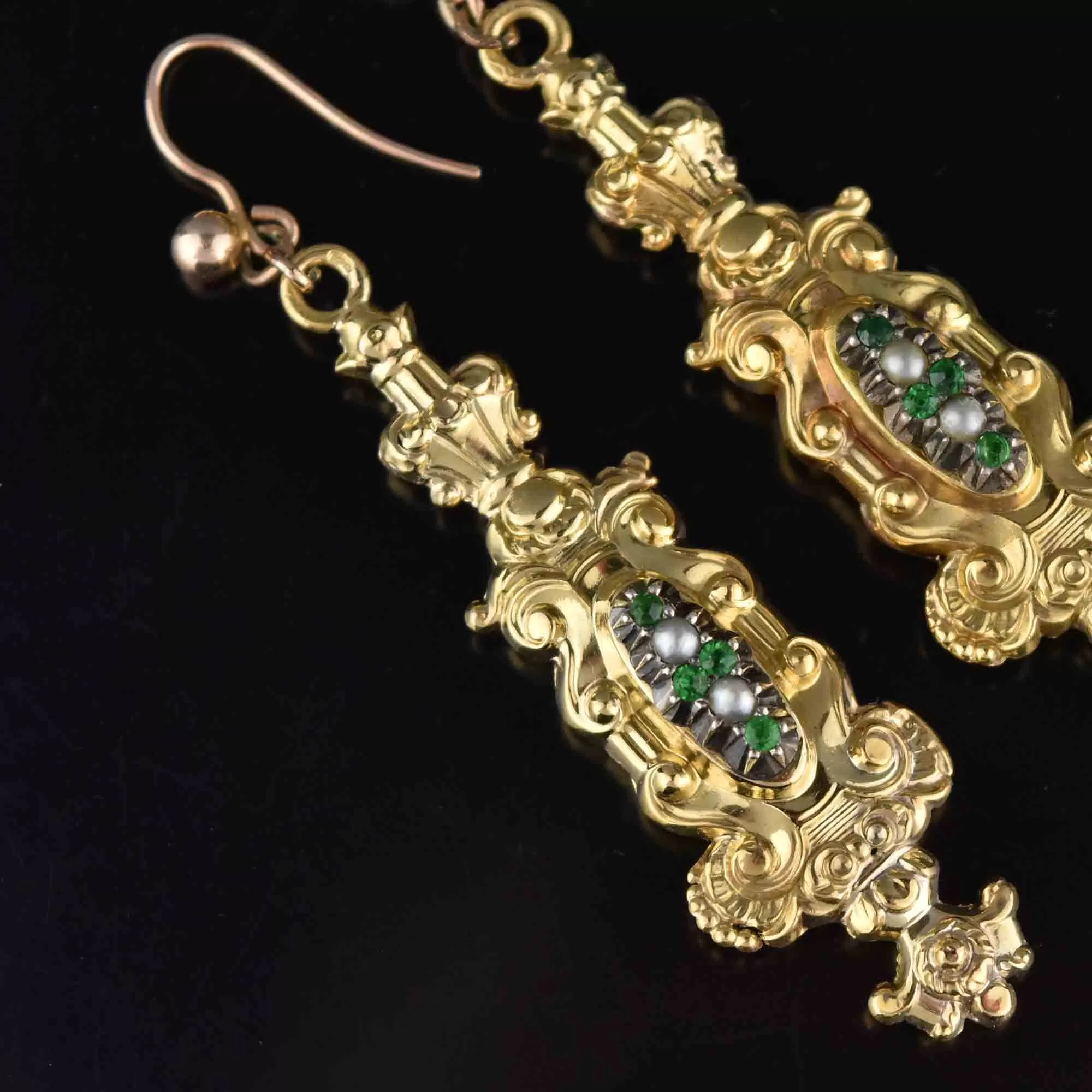 Victorian 18K Gold Emerald Paste Pearl Earrings, Regency Style