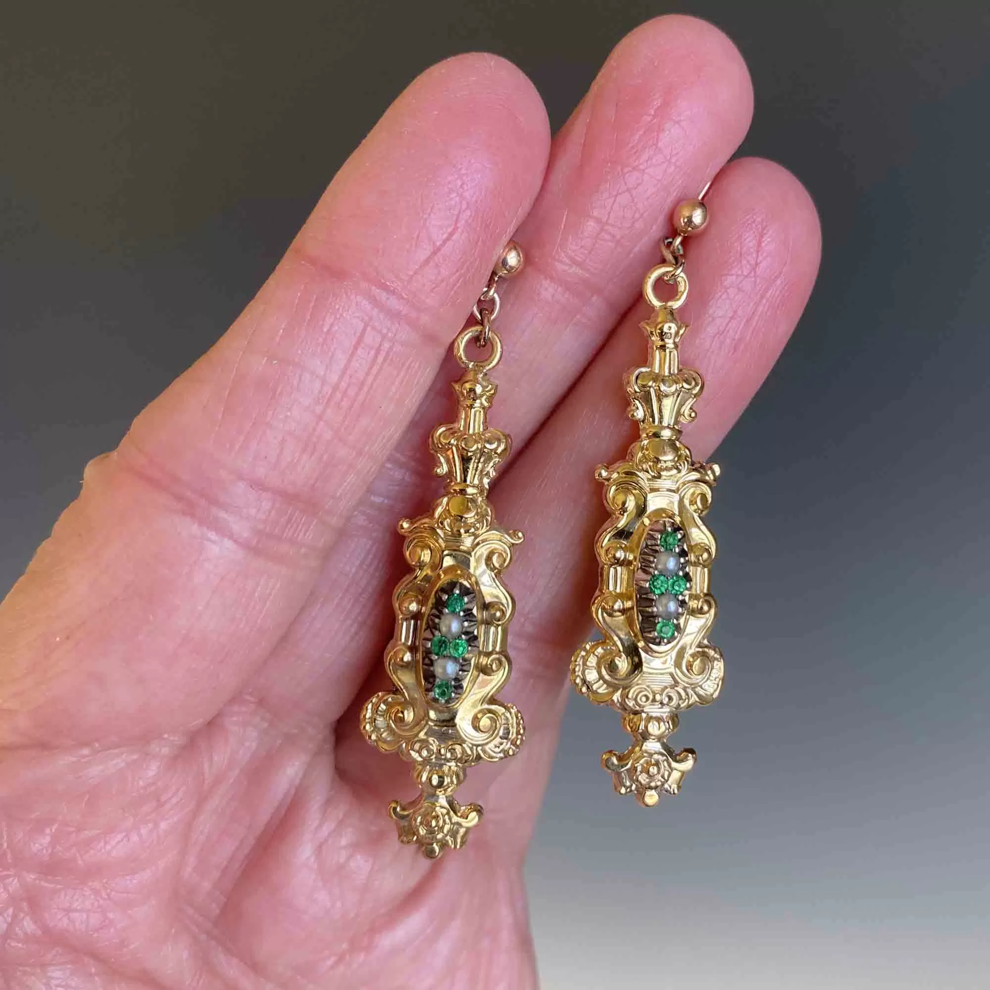 Victorian 18K Gold Emerald Paste Pearl Earrings, Regency Style