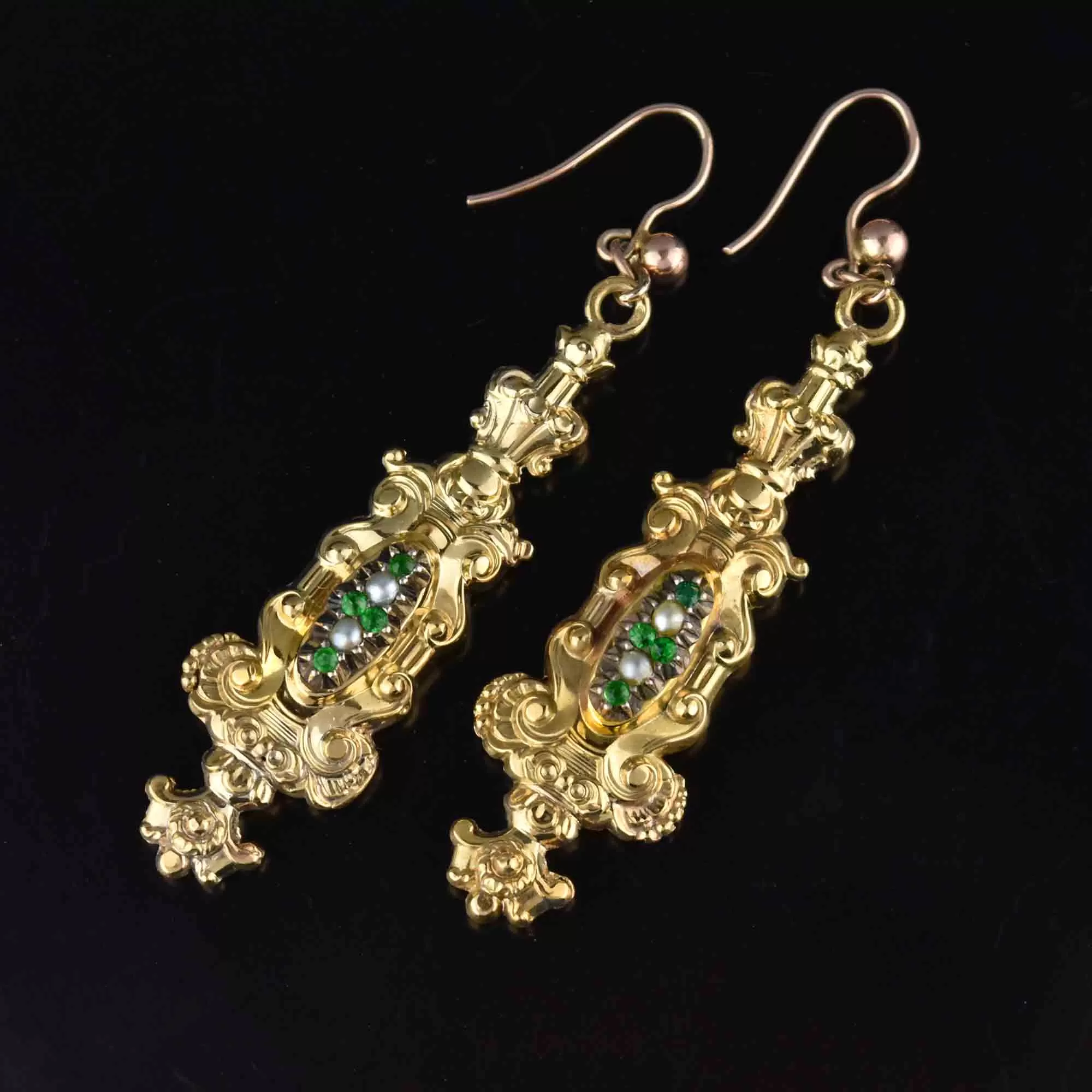 Victorian 18K Gold Emerald Paste Pearl Earrings, Regency Style