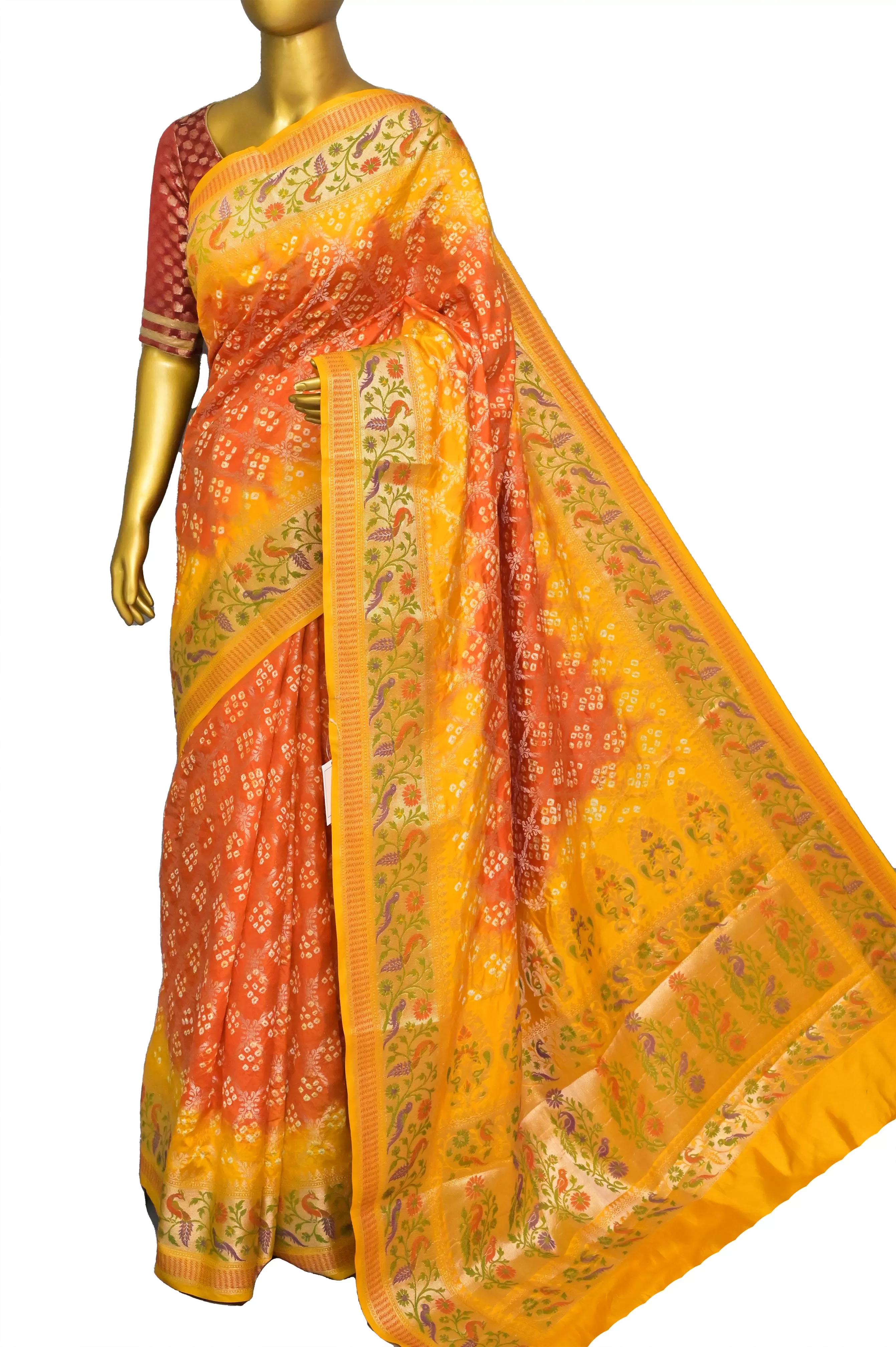 Yellow and Red Color Dupion Banarasi Saree with Hand Bandhani and Paithani Design