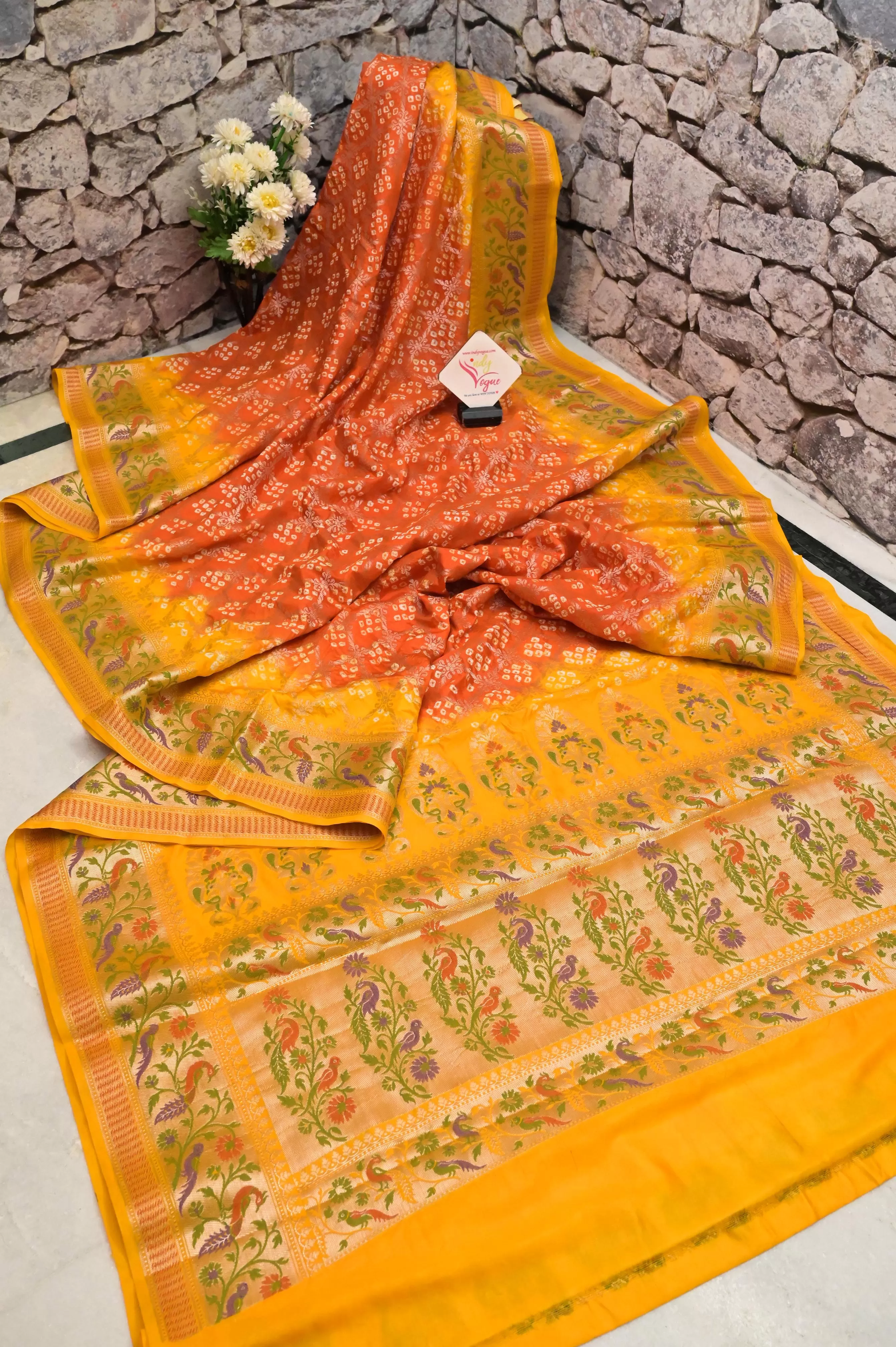 Yellow and Red Color Dupion Banarasi Saree with Hand Bandhani and Paithani Design