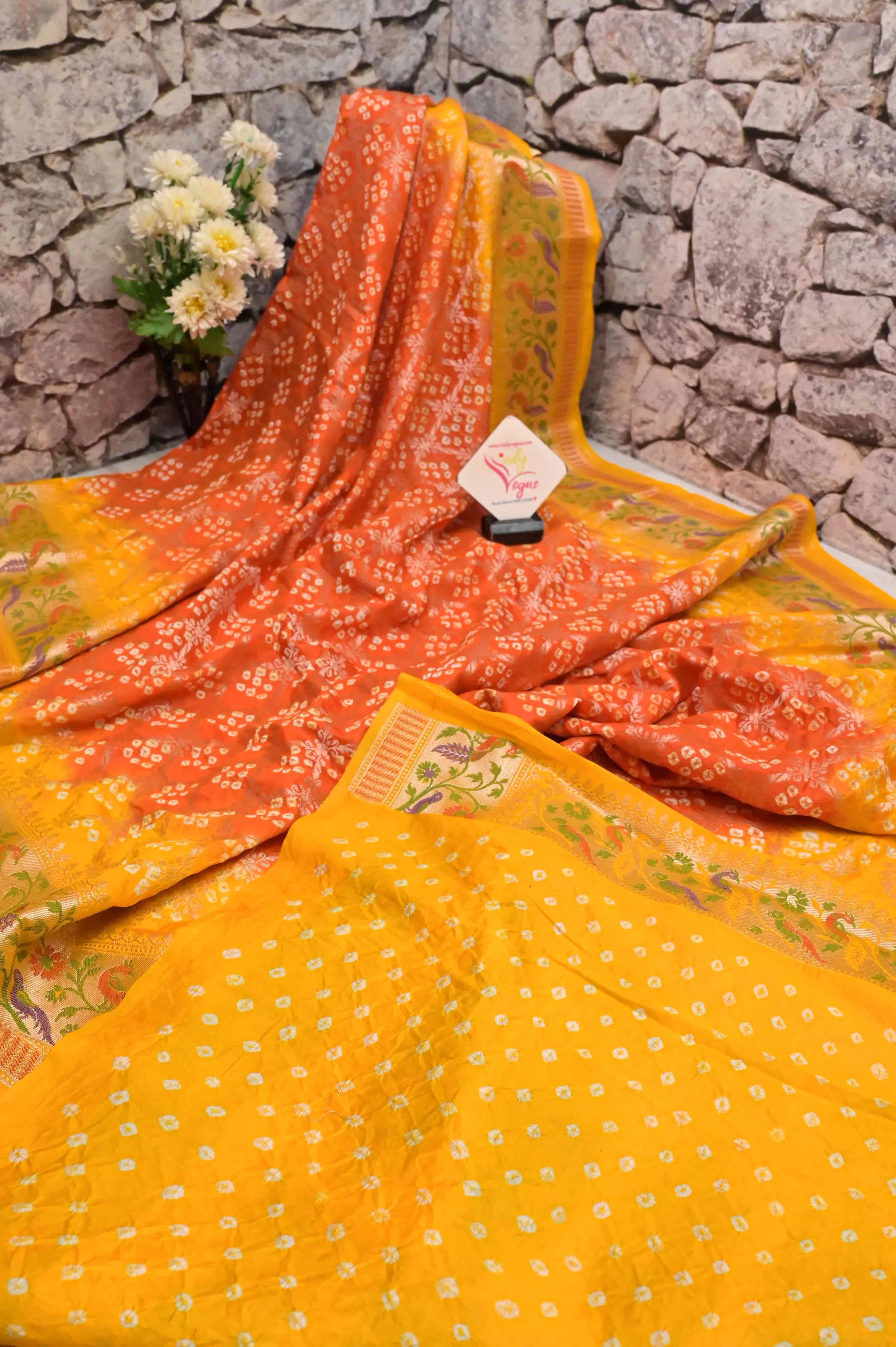 Yellow and Red Color Dupion Banarasi Saree with Hand Bandhani and Paithani Design