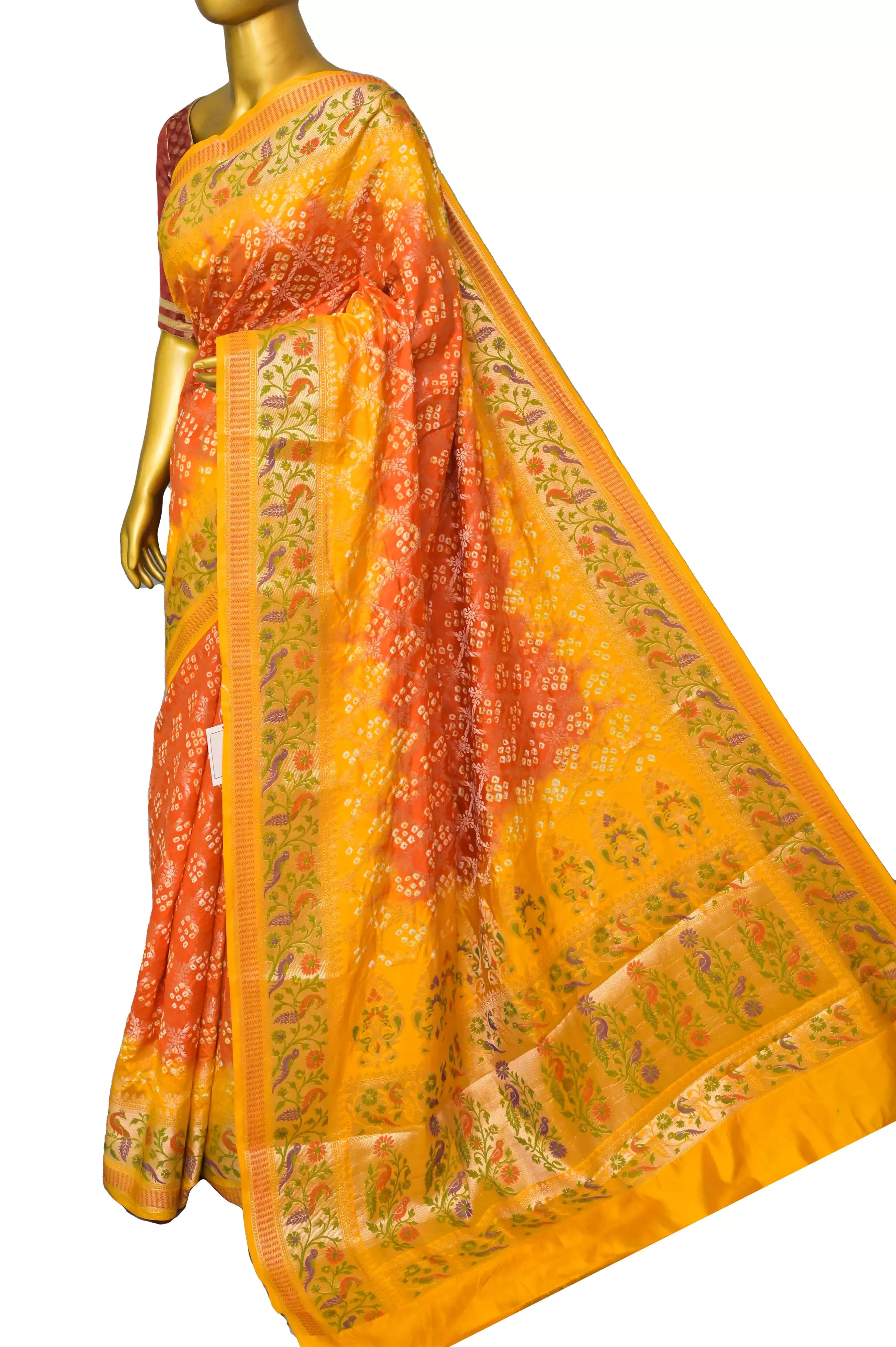 Yellow and Red Color Dupion Banarasi Saree with Hand Bandhani and Paithani Design